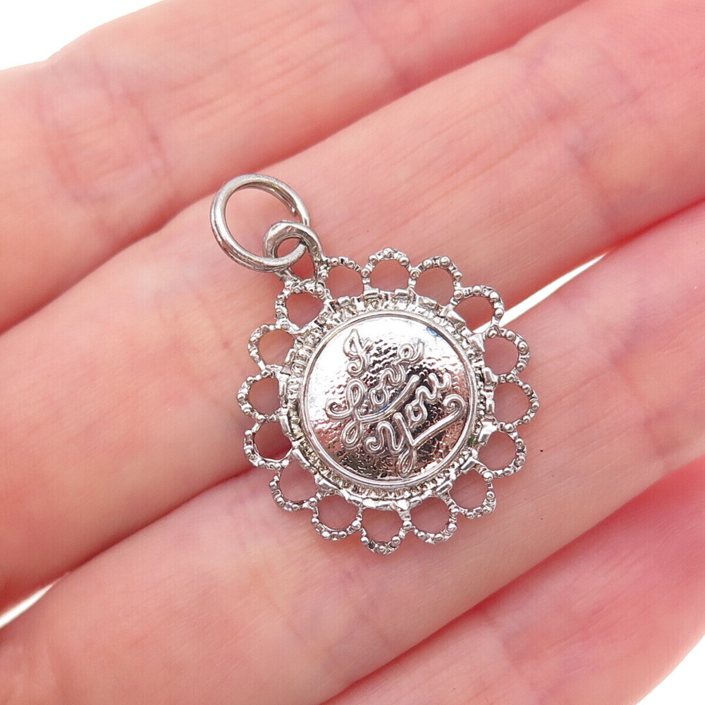 925 Sterling Silver Vintage I Love You Floral Oxidized Charm Pendant